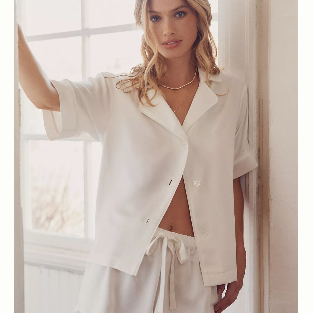 Anthropologie Cream Satin Short-Sleeve Pajama Set